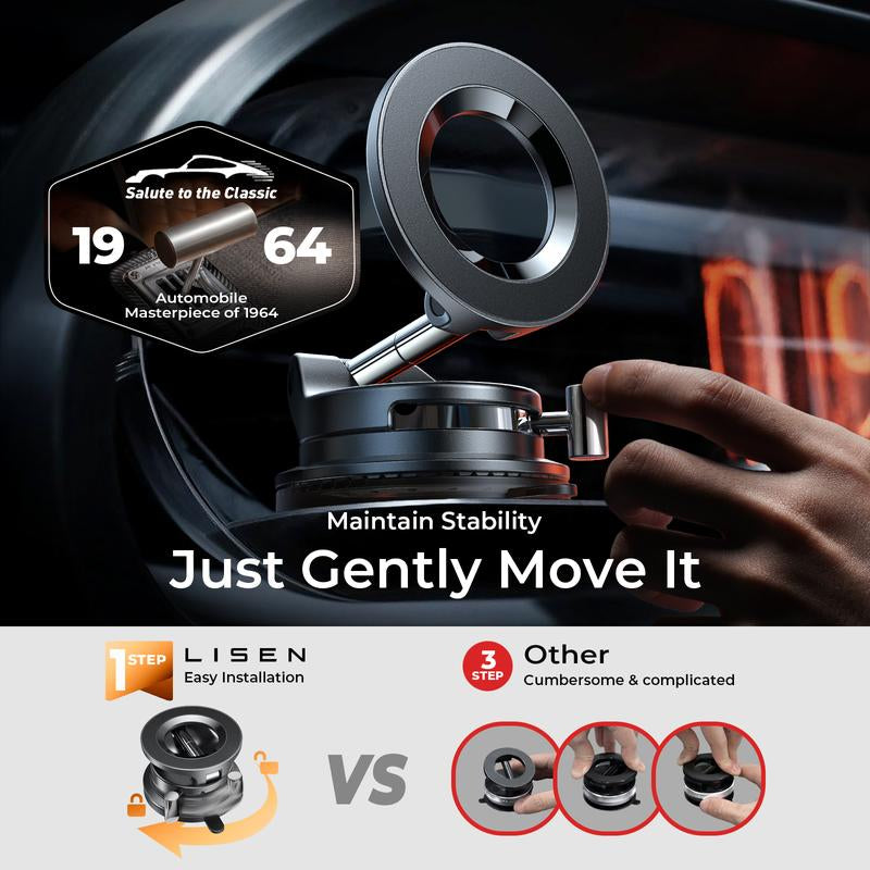 LISEN Vacuum Magsafe Car Mount Magnetic Phone Holder, 360° Adjustable for Magsafe Car Holder Foldable Suction Phone Mount for Car, for Garmin Gps/Mirror/Smooth Surface, for Iphone 16 Pro Max 15